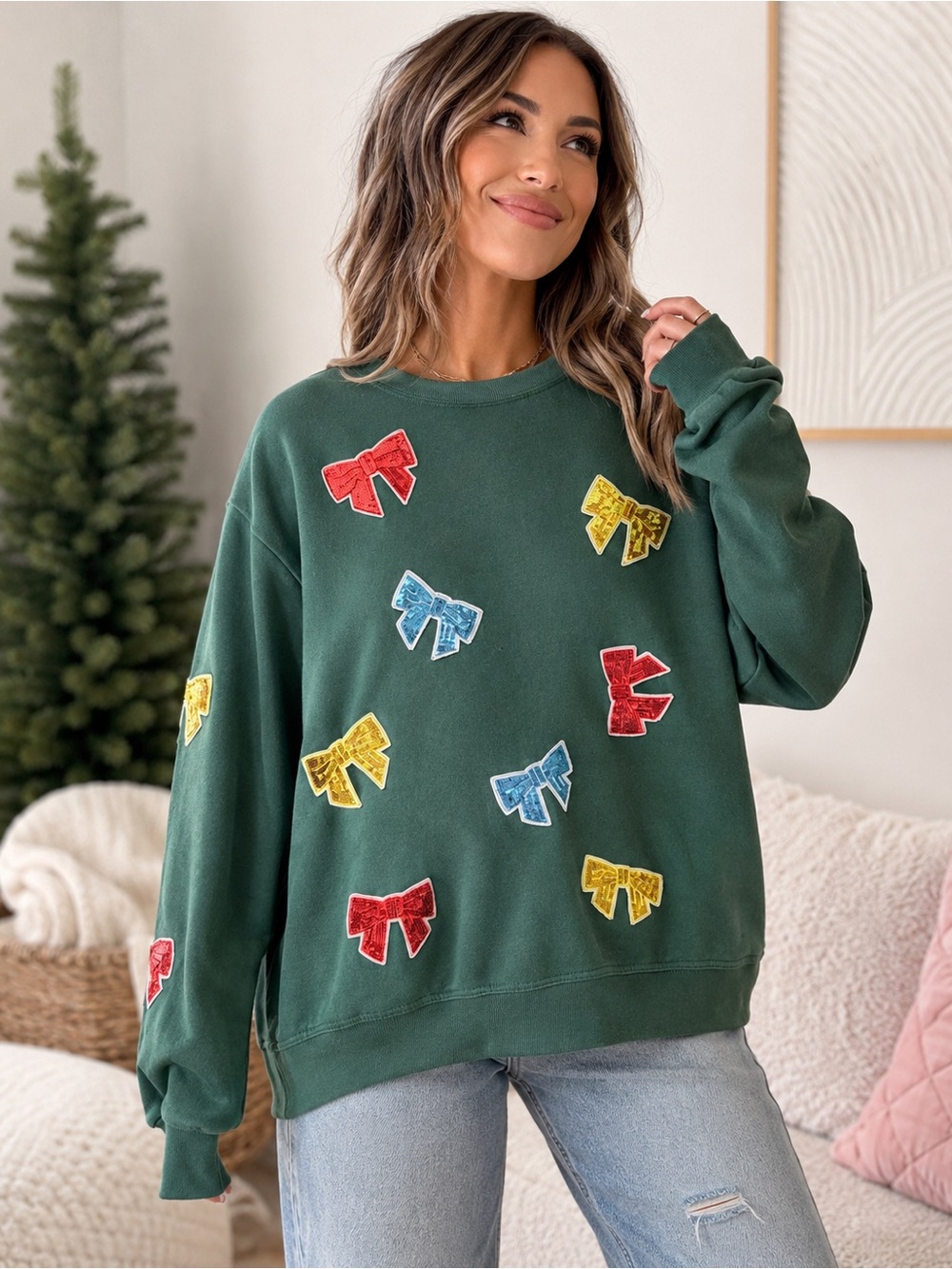 JODIFL Green Christmas Sweatshirt Sequin Bows with Colorful Accents New